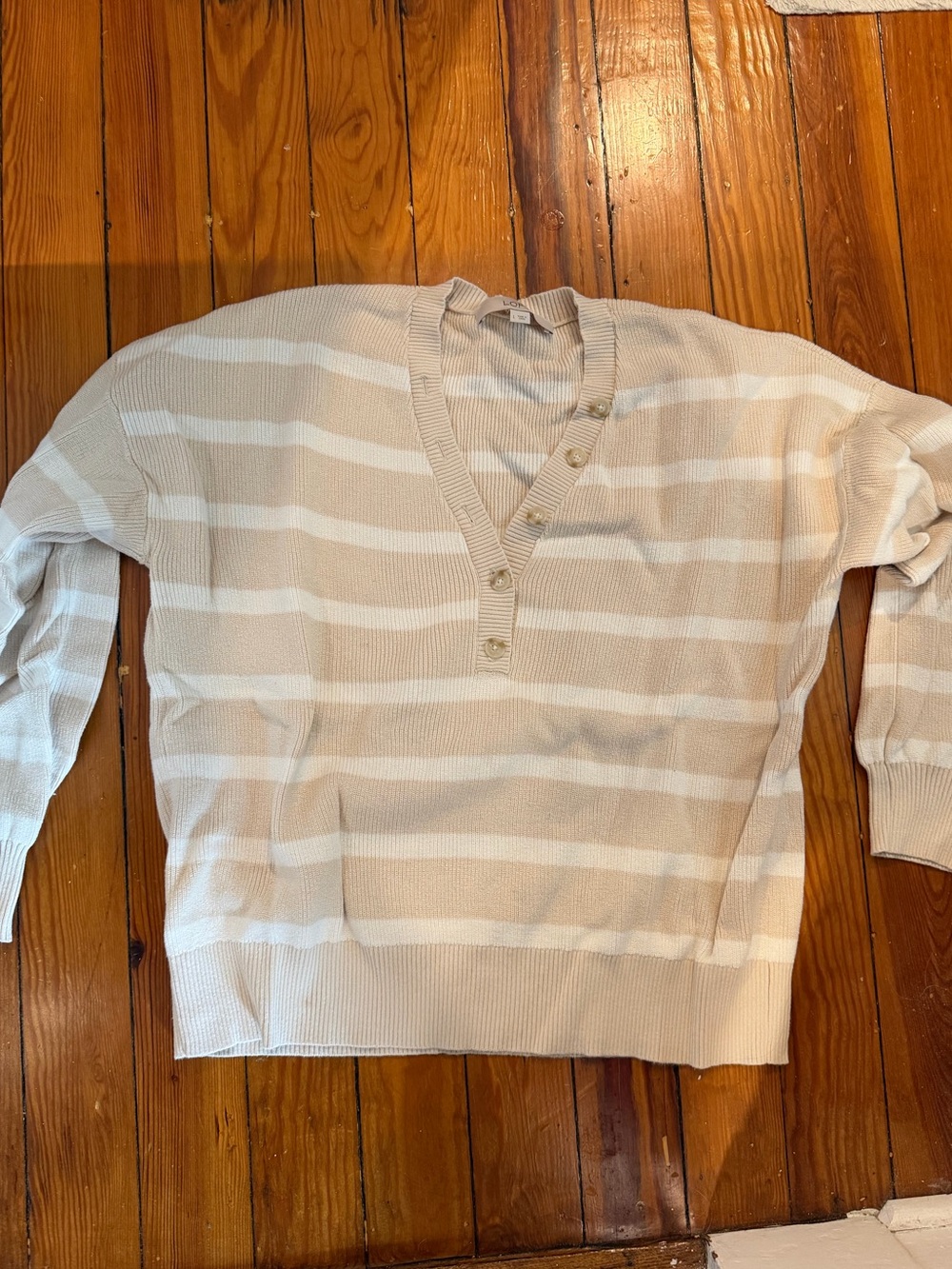 Loft Striped V-Neck Button Pullover Sweater in Beige and White